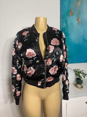 New Look Floral Satin Black Bomber Jacket
